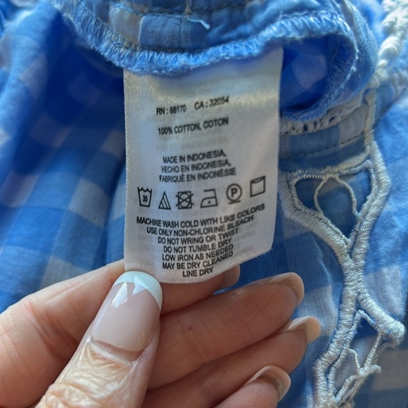 Free People Dress Gingham Blue White Lace Bubble Hem Angel Sleeve Sz L - Picture 7 of 9